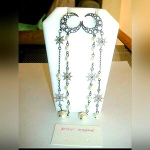 NWT, BETSEY JOHNSON MOON & STARS 4.5" EARRINGS IN GUNMETAL